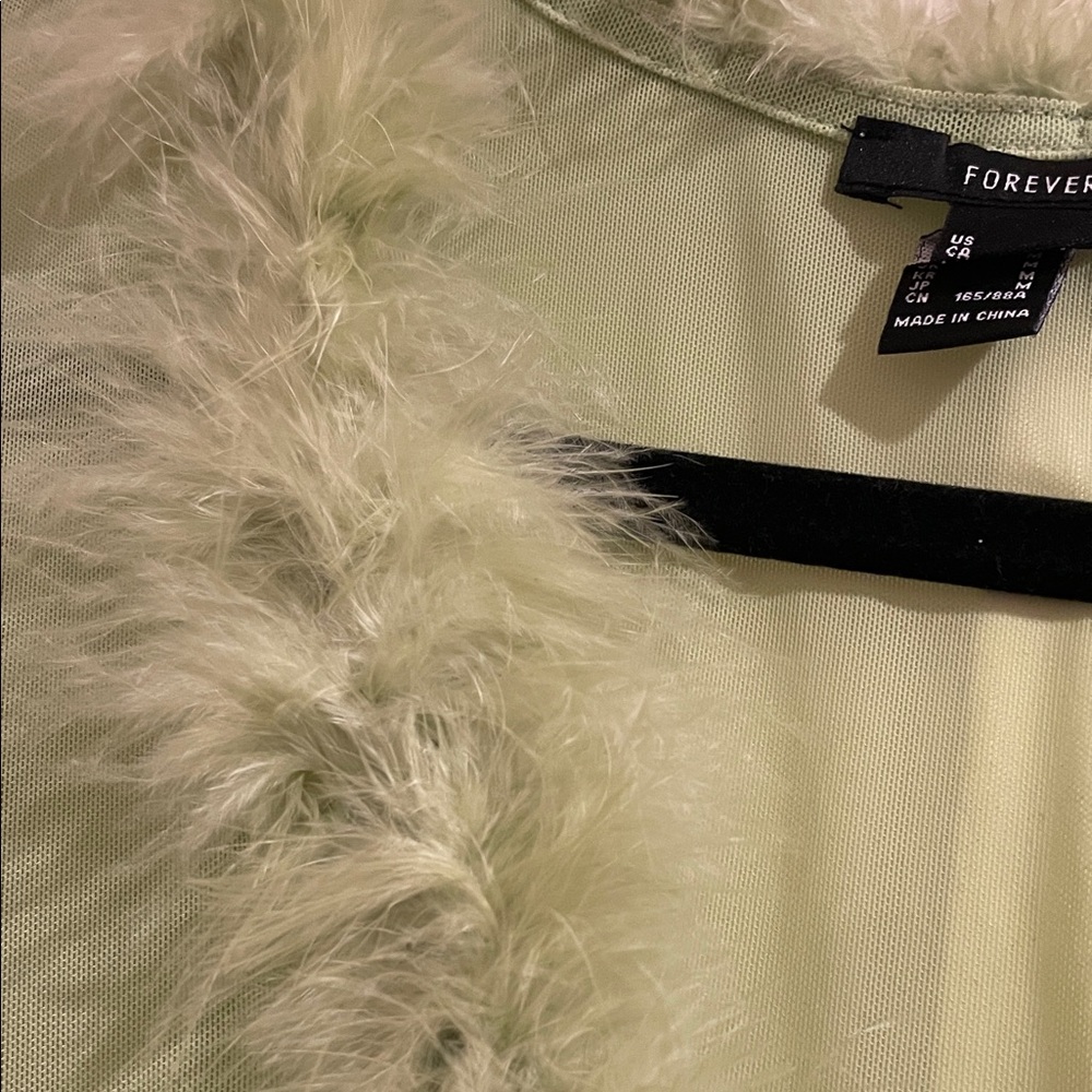 Lime Green Mesh Feather Trim Blouse - Picture 3 of 6